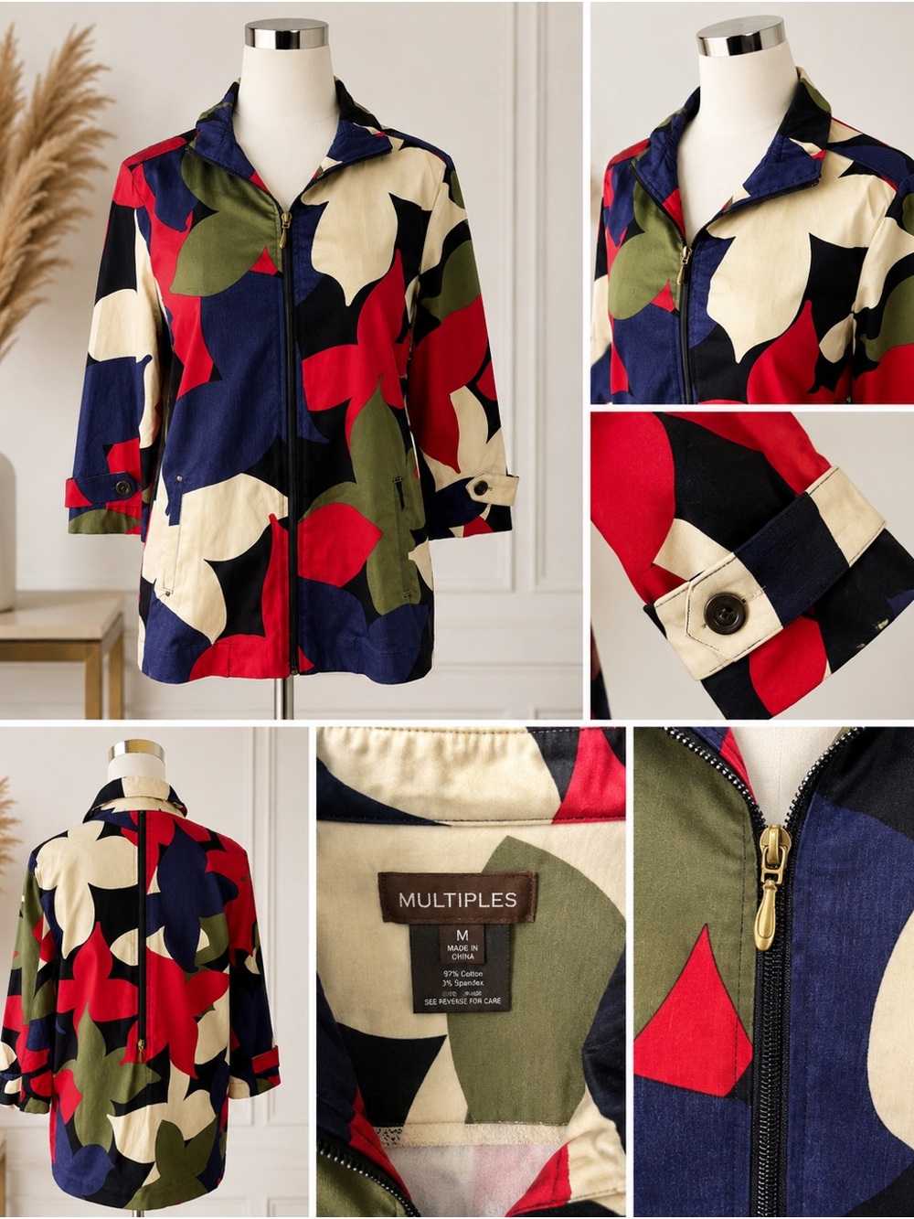 Multiples Women’s Medium Floral Print Zip Front Jacket 3/4 Sleeve Lightweight